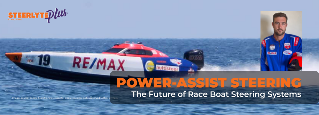 A Race Boat Navigating speedily in Water with the help of SteerlytePlus Power-Assisted Steering System